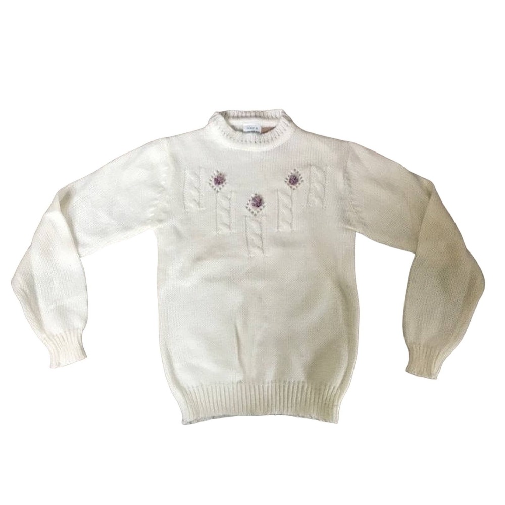 Vintage Cream Pom Pom Mock Neck Sweater, Vintage Small 80s Knit Sweater